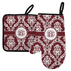 Maroon & White Left Oven Mitt & Pot Holder Set w/ Monogram