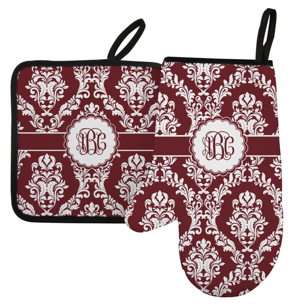 Custom Maroon & White Left Oven Mitt & Pot Holder Set w/ Monogram