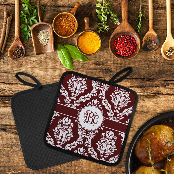 Maroon & White Neoprene Pot Holder - Set of 2  LIFESTYLE (Flatlay)