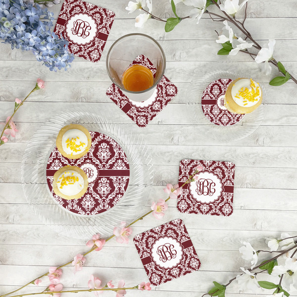 Maroon & White Paper Coasters - In Context