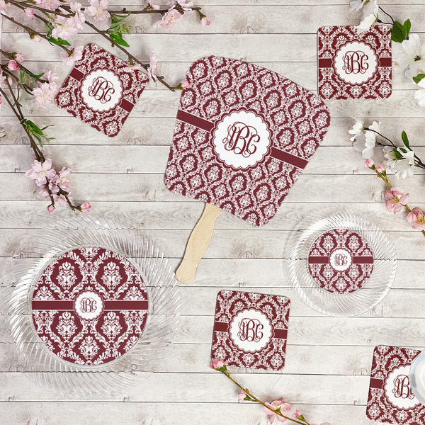 Maroon & White Party Supplies Combination Image - All items - Plates, Coasters, Fans