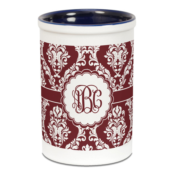 Custom Maroon & White Ceramic Pencil Holders - Blue