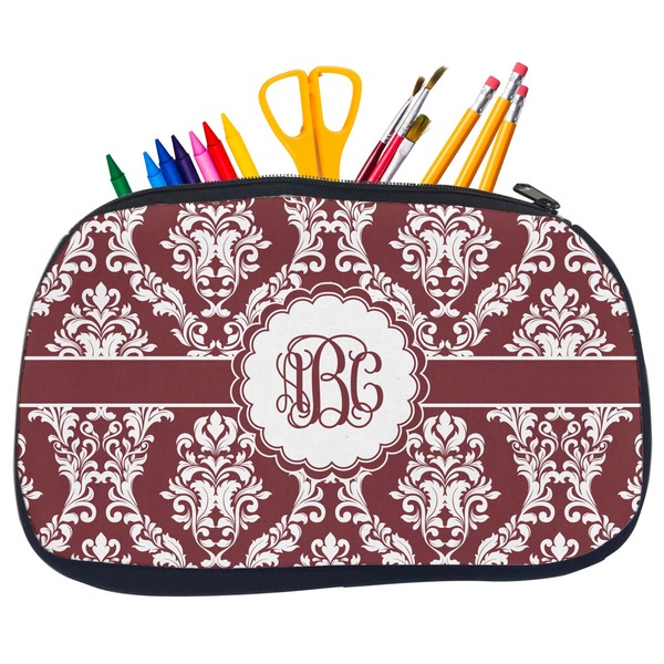 Custom Maroon & White Neoprene Pencil Case - Medium w/ Monogram