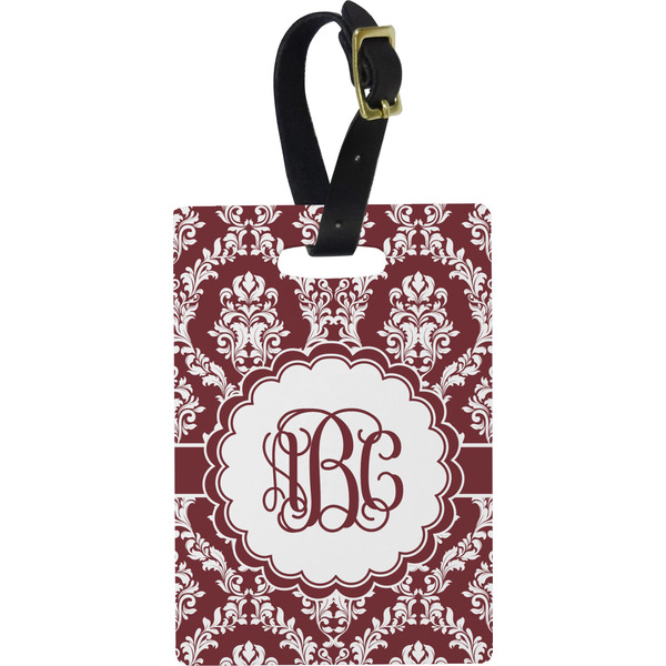 Custom Maroon & White Plastic Luggage Tag - Rectangular w/ Monogram