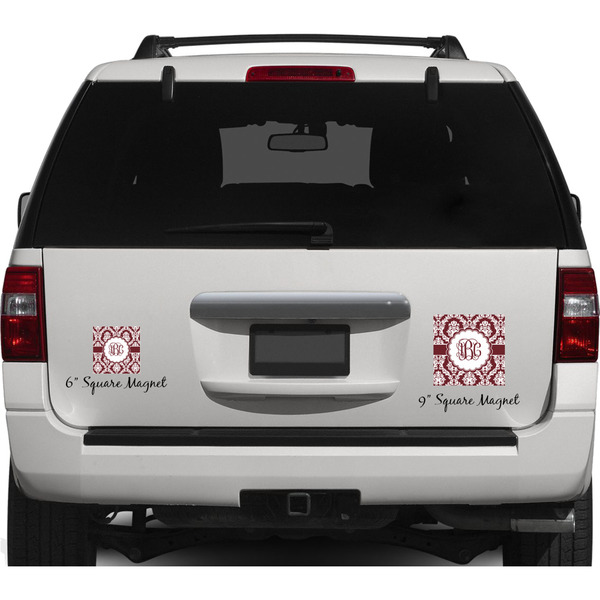 Maroon & White Personalized Square Car Magnets on Ford Explorer