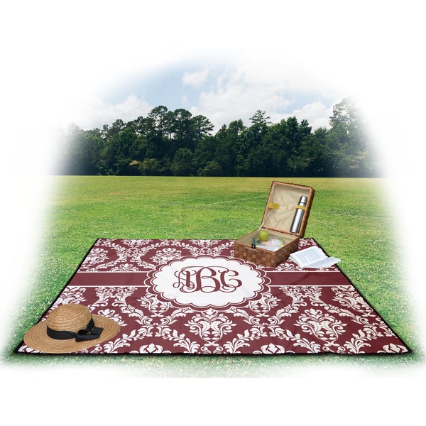 Maroon & White Picnic Blanket - with Basket Hat and Book - in Use