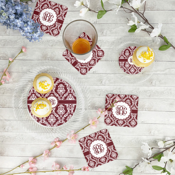 Maroon & White Plastic Party Dinner Plates - In Context