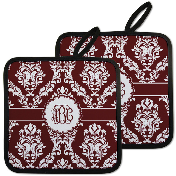 Custom Maroon & White Pot Holders - Set of 2 w/ Monogram