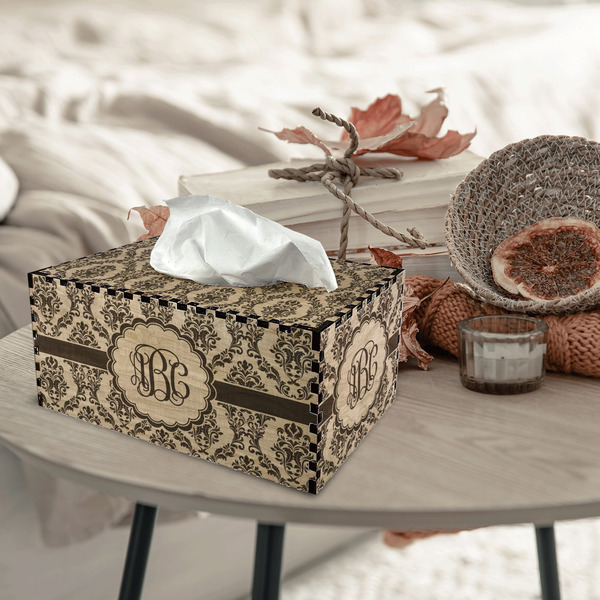 Maroon & White Rectangle Tissue Box Covers - Wood - In Context