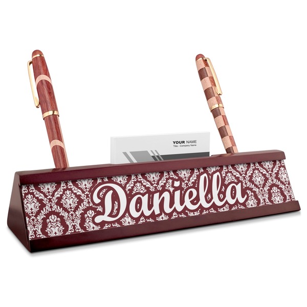 Custom Maroon & White Red Mahogany Nameplate with Business Card Holder (Personalized)