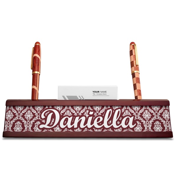 Maroon & White Red Mahogany Nameplates with Business Card Holder - Straight