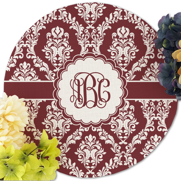 Maroon & White Round Linen Placemats - Front (w flowers)