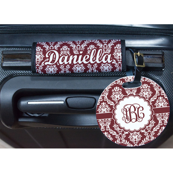 Maroon & White Round Luggage Tag & Handle Wrap - In Context