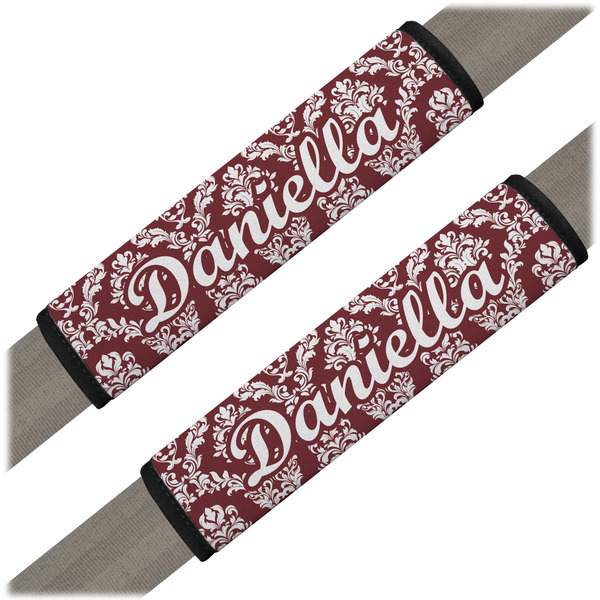 Custom Maroon & White Seat Belt Covers (Set of 2) (Personalized)