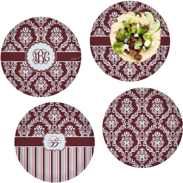 Custom Maroon & White Set of 4 Glass Lunch / Dinner Plate 10" (Personalized)
