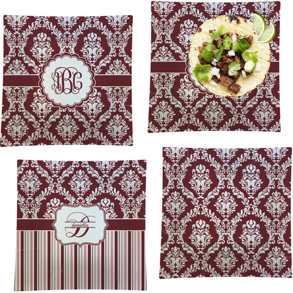 Maroon & White Set of Square Dinner Plates