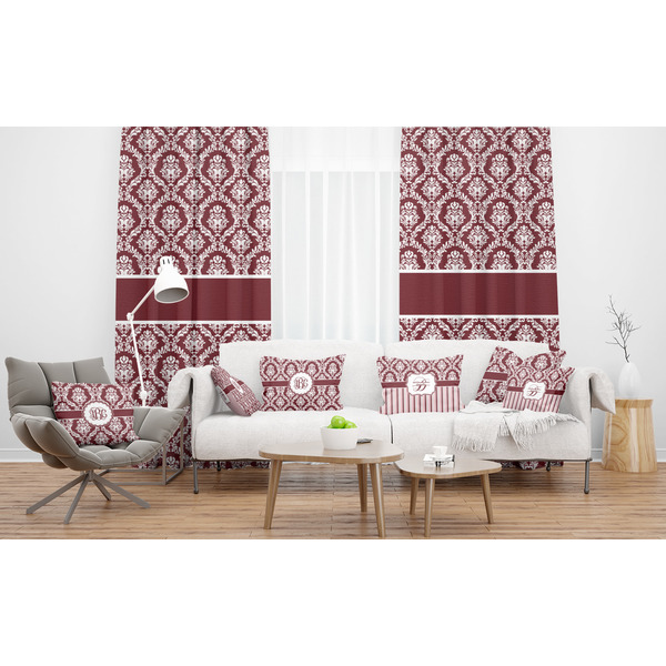 Maroon & White Sheer and Custom Curtains in Room with Matching Pillows