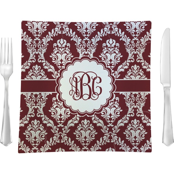 Custom Maroon & White 9.5" Glass Square Lunch / Dinner Plate- Single or Set of 4 (Personalized)