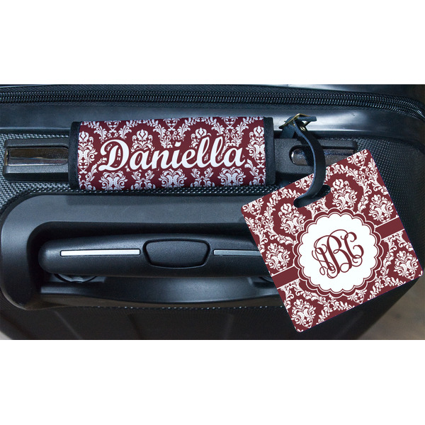 Maroon & White Square Luggage Tag & Handle Wrap - In Context