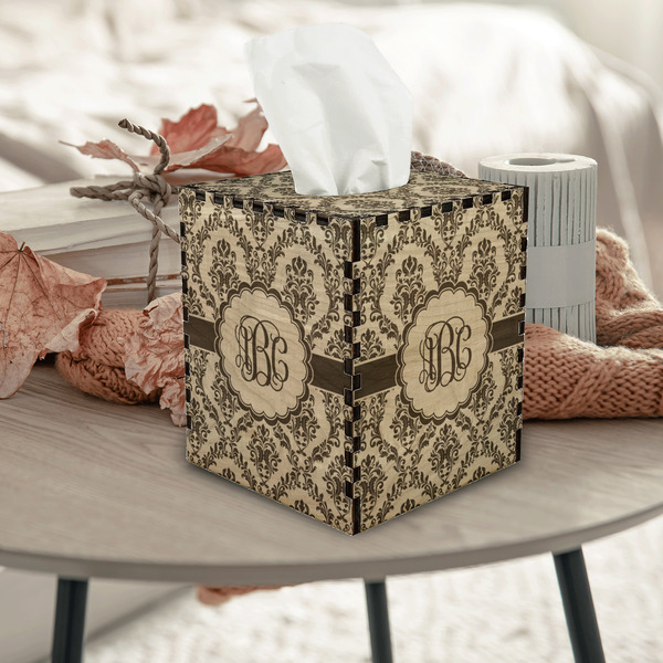 Maroon & White Square Tissue Box Covers - Wood - In Context