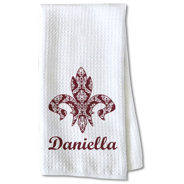 Custom Maroon & White Kitchen Towel - Waffle Weave - Partial Print (Personalized)
