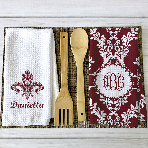 Maroon & White Waffle Weave Towels - 2 Print Styles