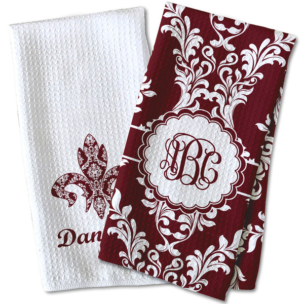 Maroon & White Waffle Weave Towels - Two Print Styles