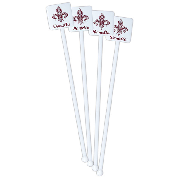 Maroon & White White Plastic Stir Stick - Single Sided - Square - Front