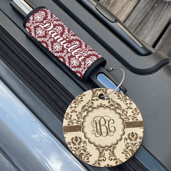 Maroon & White Wood Luggage Tags - Round - Lifestyle