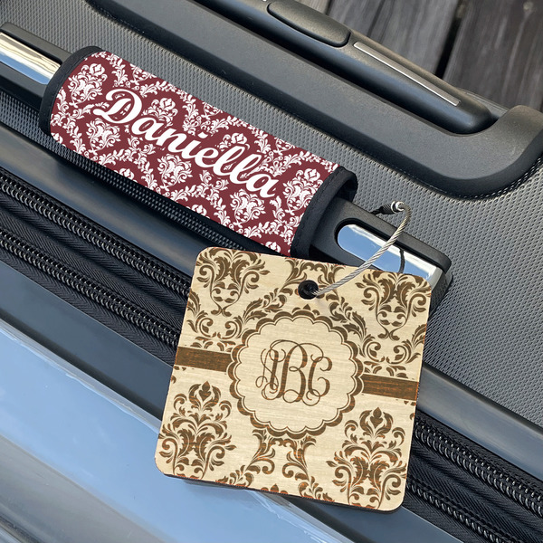 Maroon & White Wood Luggage Tags - Square - Lifestyle