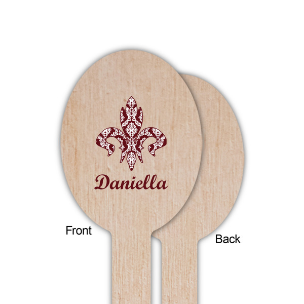 Maroon & White Wooden Food Pick - Oval - Single Sided - Front & Back
