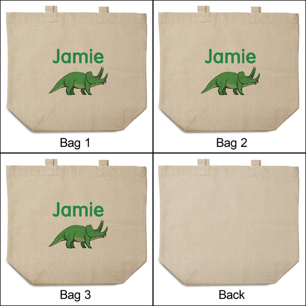 Dinosaurs 3 Reusable Cotton Grocery Bags - Front & Back View