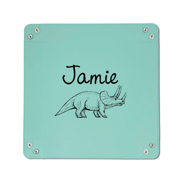 Dinosaurs 6" x 6" Teal Leatherette Snap Up Tray - APPROVAL