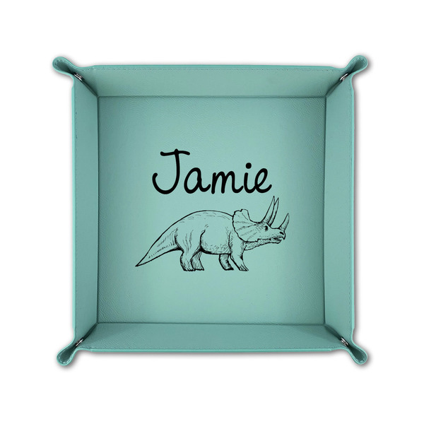 Dinosaurs 6" x 6" Teal Leatherette Snap Up Tray - FOLDED UP