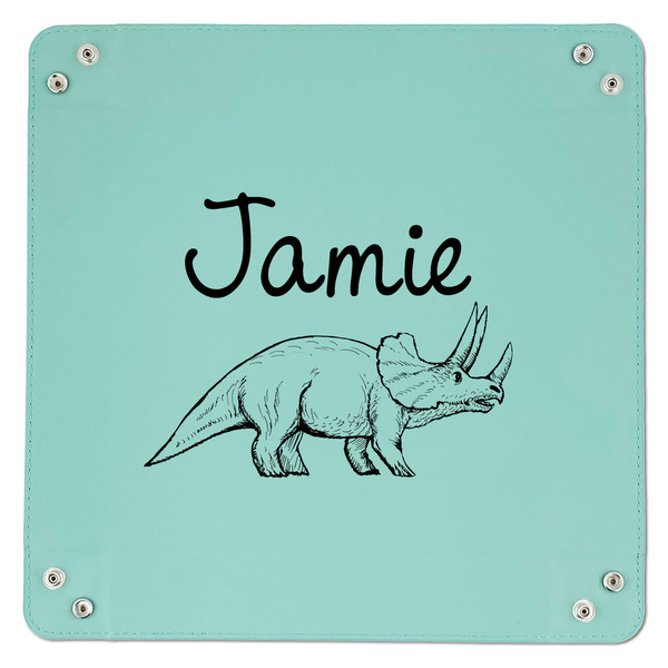 Dinosaurs 9" x 9" Teal Leatherette Snap Up Tray - APPROVAL