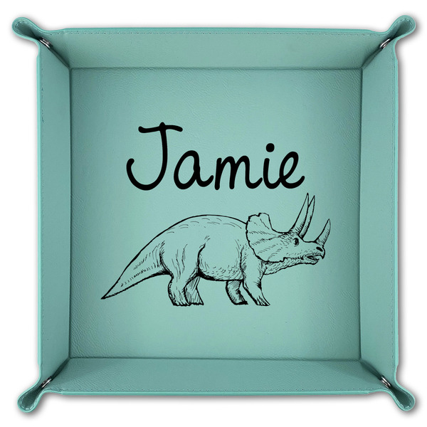 Dinosaurs 9" x 9" Teal Leatherette Snap Up Tray - FOLDED