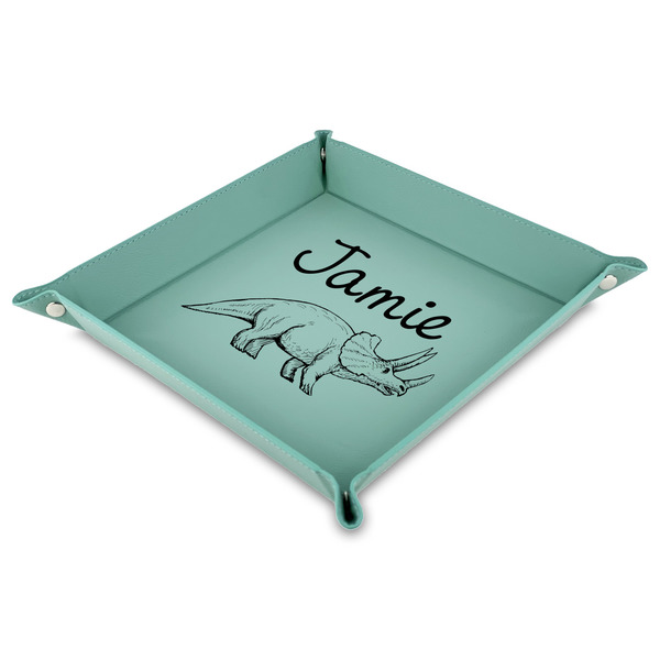 Custom Dinosaurs 9" x 9" Teal Faux Leather Valet Tray (Personalized)
