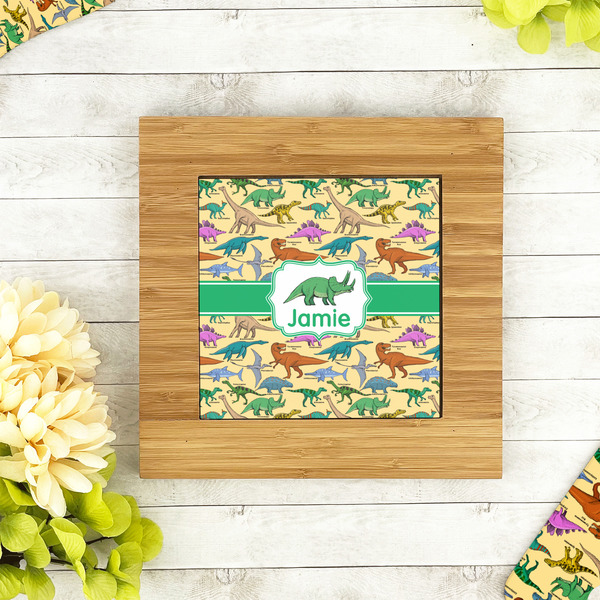 Dinosaurs Bamboo Trivet with 6" Tile - LIFESTYLE