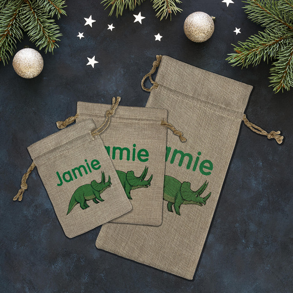 Dinosaurs Burlap Gift Bags - LIFESTYLE (Flat lay)