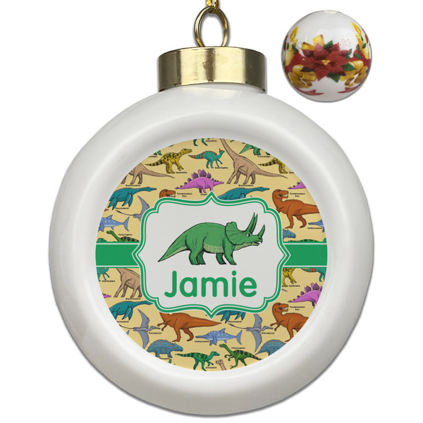 Custom Dinosaurs Ceramic Ball Ornaments - Poinsettia Garland (Personalized)