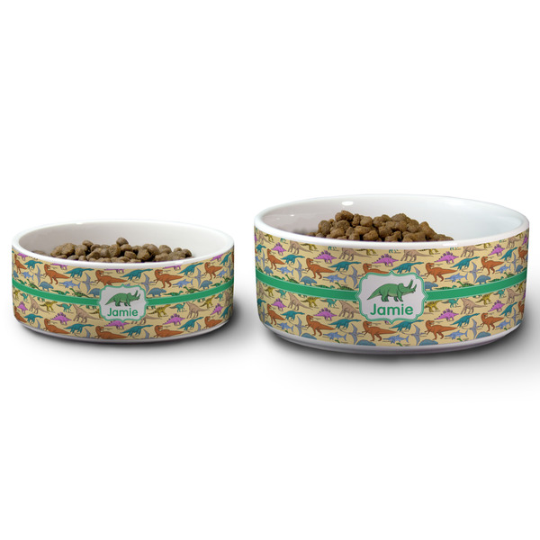 Dinosaurs Ceramic Dog Bowls - Size Comparison
