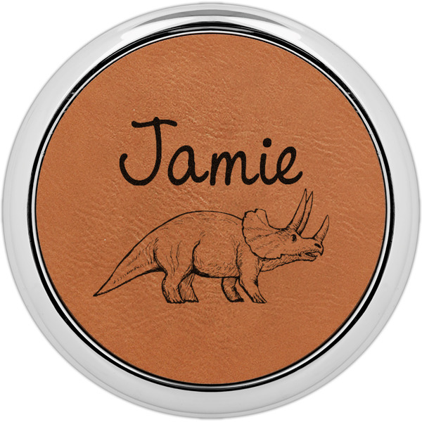 Custom Dinosaurs Set of 4 Leatherette Round Coasters w/ Silver Edge (Personalized)
