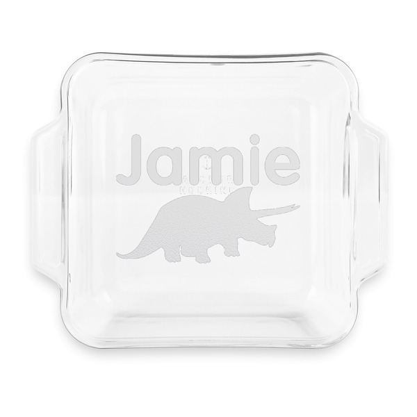 Custom Dinosaurs Glass Cake Dish with Truefit Lid - 8in x 8in (Personalized)