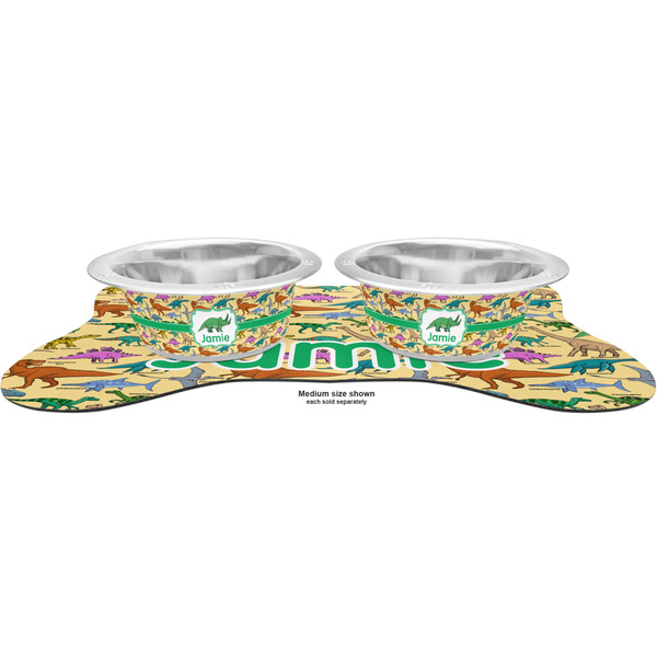 Dinosaurs Metal Pet Bowls - On Dog Bone Shaped Mat