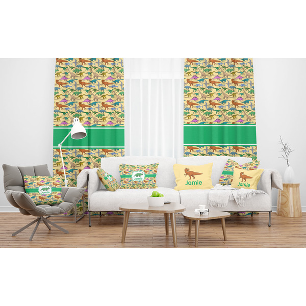 Dinosaurs Sheer and Custom Curtains in Room with Matching Pillows