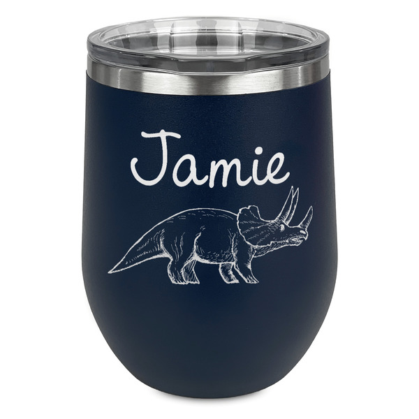 Custom Dinosaurs Stemless Stainless Steel Wine Tumbler - Navy - Double Sided (Personalized)