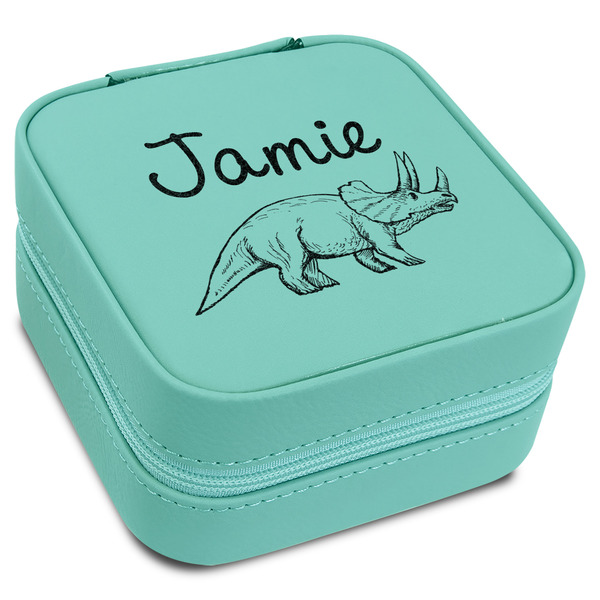 Custom Dinosaurs Travel Jewelry Box - Teal Leather (Personalized)
