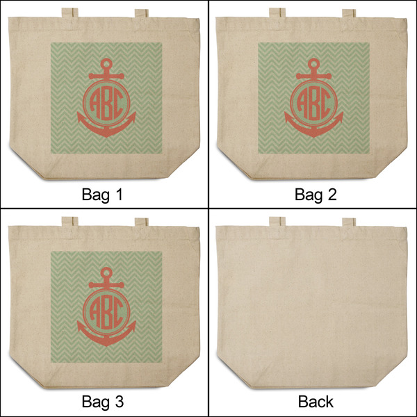 Chevron & Anchor 3 Reusable Cotton Grocery Bags - Front & Back View