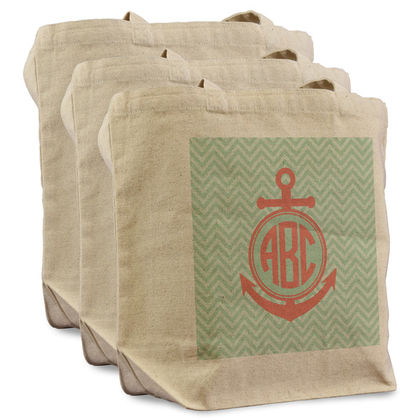 Custom Chevron & Anchor Reusable Cotton Grocery Bags - Set of 3 (Personalized)