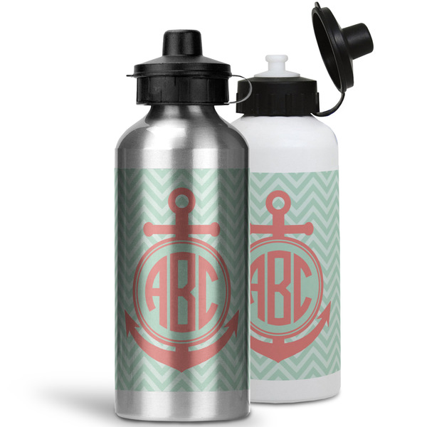 Chevron & Anchor Aluminum Water Bottles - MAIN (white &silver)